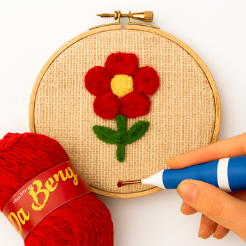 3D Embroidery Punch Needle Kit with 10 Inch Wooden Hoop, Jute Cloth (20x36 inch), Thread, Scissors & Tools – Complete Handcraft Embroidery Set (Maroon Yarn)