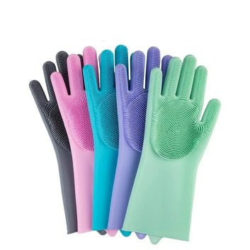 Magic Silicone Dish Washing Gloves | Reusable Heat-Resistant Rubber Cleaning Gloves With Built-In Scrubber For Kitchen, Dishes, Car, Bathroom & Household Use (1 Pair)